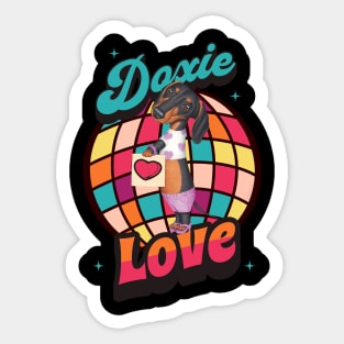 Cute Dachshund wearing cute fashion on a Doxie Love tee Sticker